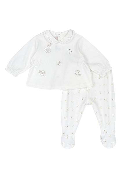 Kırık Beyaz T-Shirt ve Ayaklı Alt Kız Bebek Pijama Takımı