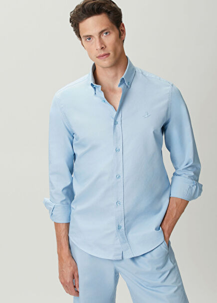 Açık Mavi Parça Boya Comfort Fit Oxford Gömlek