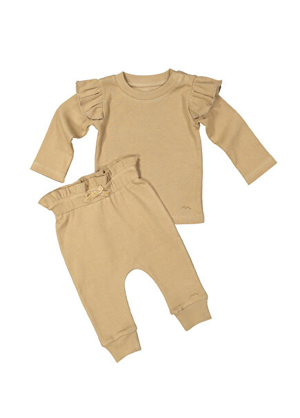 Bej %100 Pamuk Kız Bebek / Çocuk Fırfırlı Sweatshirt & Pantolon 2'li Set