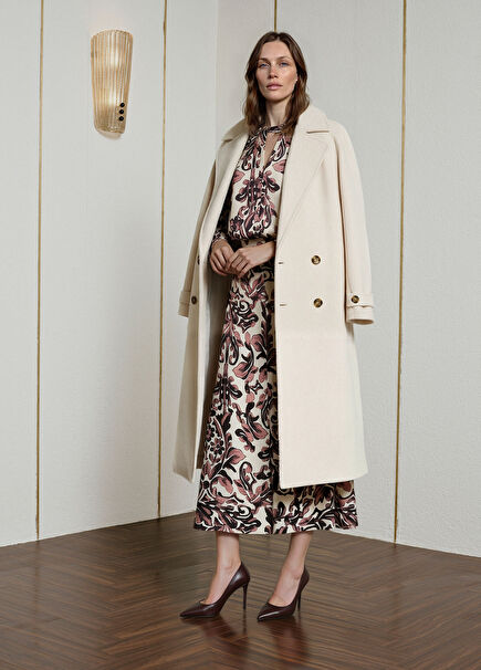 Kırık Beyaz Dokulu Yün Karışımlı Palto