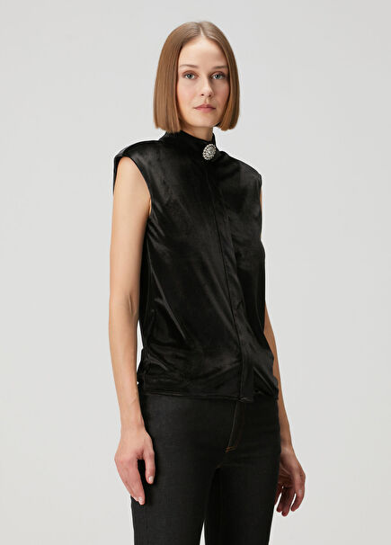 Siyah Taşlı Kadife Bluz