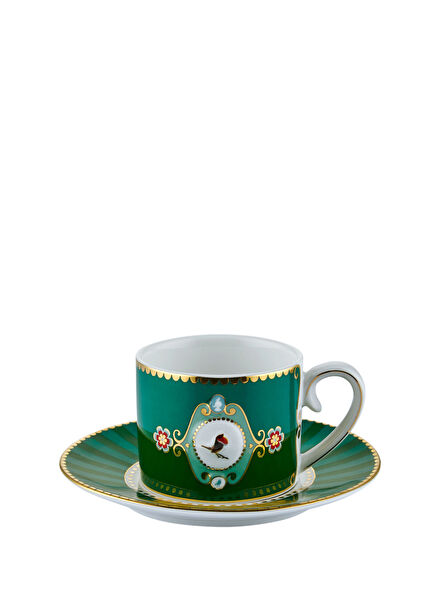 Love Birds Yeşil Desenli Porselen Kahve Fincanı ve Tabağı