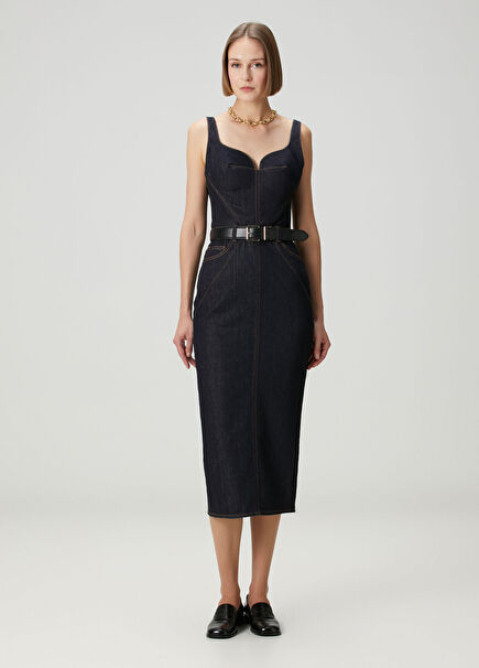 Koyu Mavi Midi Denim Elbise