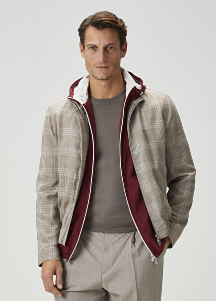 Kahverengi Ekose Desenli Yün Mont