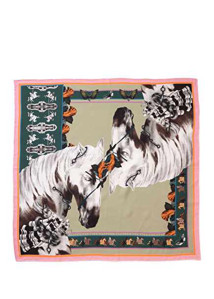 Free Spirit Wild Horses & Butterflies Mint Silk Twill Women's Scarf 135 cm