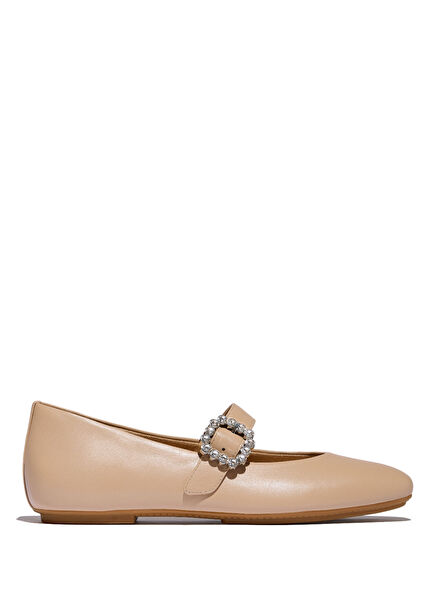 Delicato Beige Leather Women's Ballet Flats with Crystal Buckle