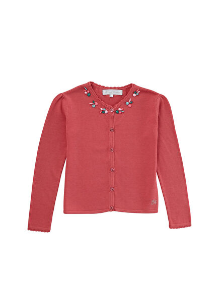 Fuchsia Stone Embroidered Girls' Cardigan