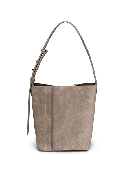 The Medium Tote Plissé Sand Beige Suede Women's Shoulder Bag