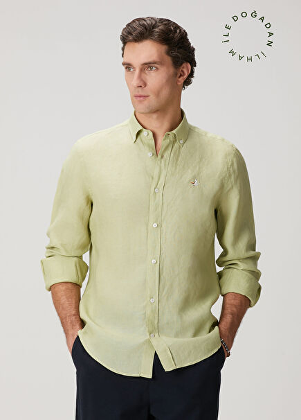 Yeşil Comfort Fit Keten Gömlek