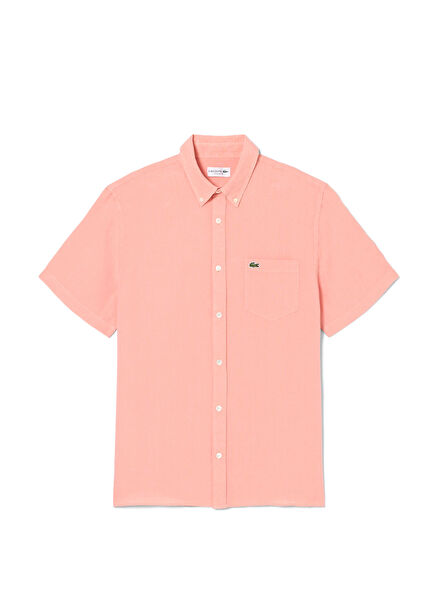 Pembe Keten Regular Fit Kısa Kollu Erkek Gömlek