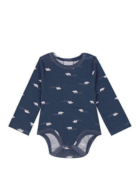 Lacivert Kutup Ayısı Desenli Uzun Kollu Unisex Bebek Body