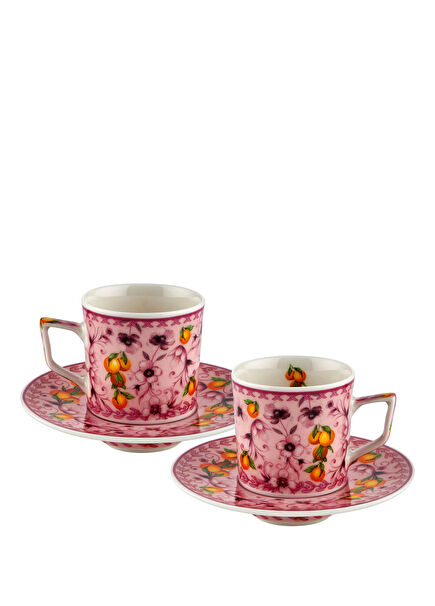 Arancia Patterned Pink Porcelain Coffee Cup and Saucer Set