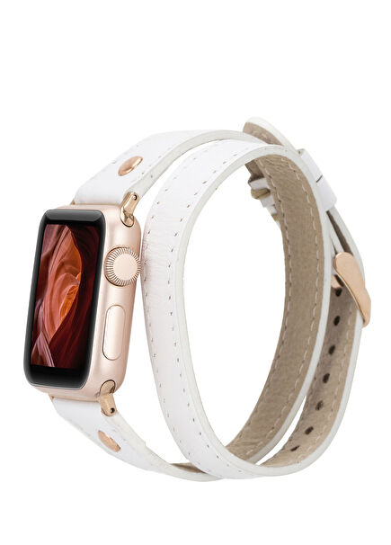 Gold Buckle Double Tour White Leather Apple Watch Smart Watch Band