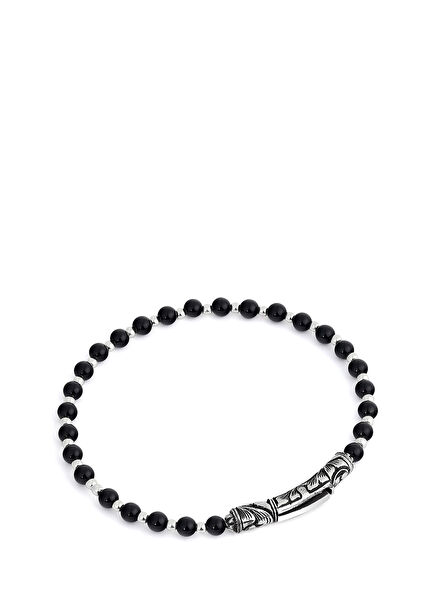 Navy Beaded Men's Silver Bracelet