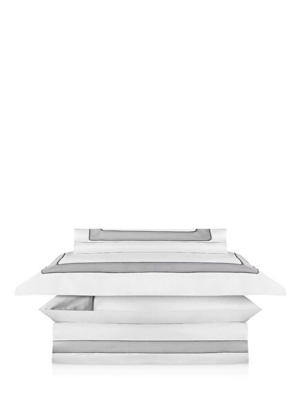Nyra White Cotton Satin Double Duvet Cover Set with Grey Stripe 220 x 240 cm
