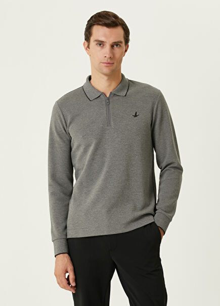 Slim Fit Gri Polo Yaka Ottoman Dokulu Sweatshirt