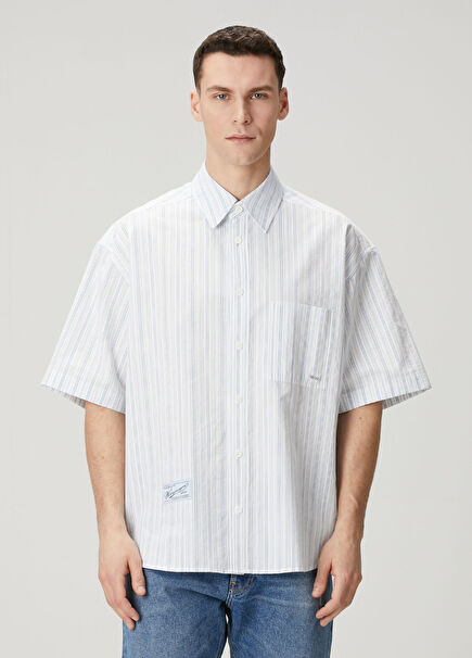 Mavi Beyaz Çizgi Desenli Kısa Kollu Gömlek