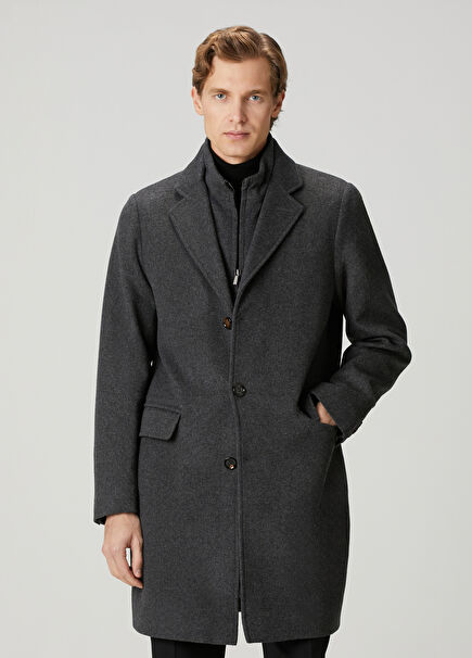 Montesi Açık Gri İç Yaka Detaylı Yün Palto