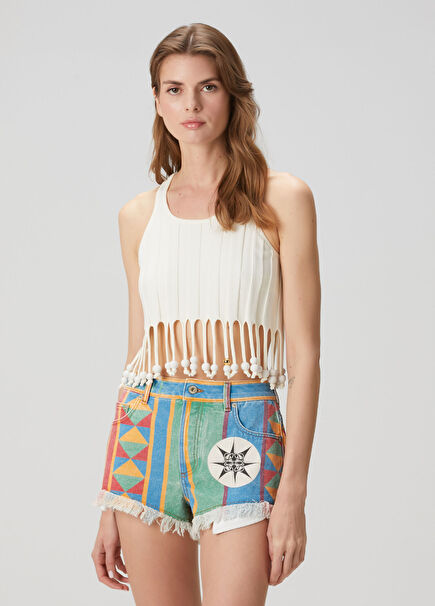 Ekru Püskül Detaylı Crop Atlet