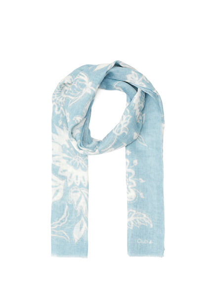 Mavi Çiçek Desenli Kadın Keten Şal