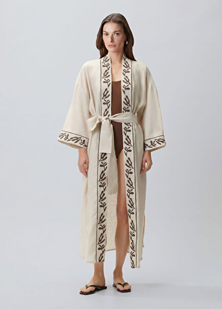 Ekru Nakış Detaylı Keten Kaftan