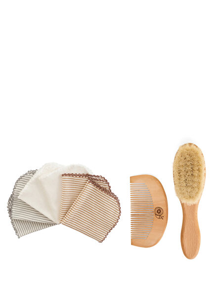 Colorful Cotton 6-Piece Baby Wipes and Natural Natural Goat Hair Baby Brush Set