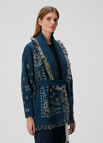 Lacivert Şal Desenli Yün Hırka