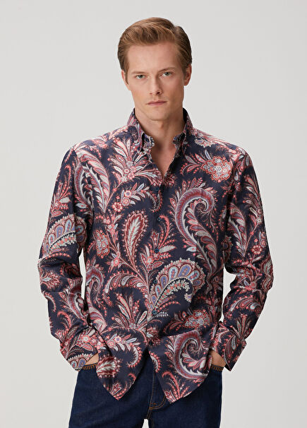 Lacivert Etnik Desenli Gömlek