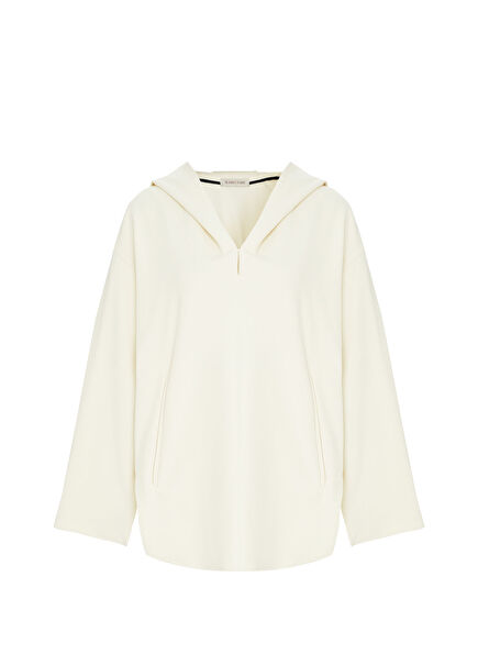 Comodita Ekru Kapüşonlu Oversize Kadın Sweatshirt
