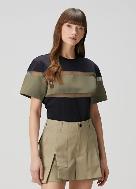 Khaki Navy Blue Transparent Garnished T-Shirt
