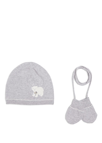 Baby Boy Beanie & Gloves Set with Grey Polar Bear Motif