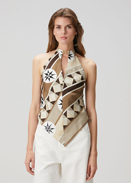 Kahverengi Desenli İpek Bluz