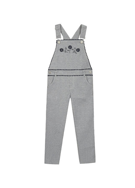 Navy Blue Striped Flower Embroidered Girls' Salopet