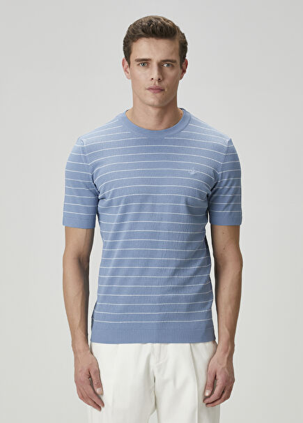 Blue Stripe Patterned Short Sleeve Sweater