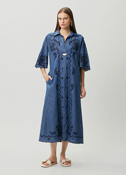 Aster Blue Embroidered Midi Denim Dress