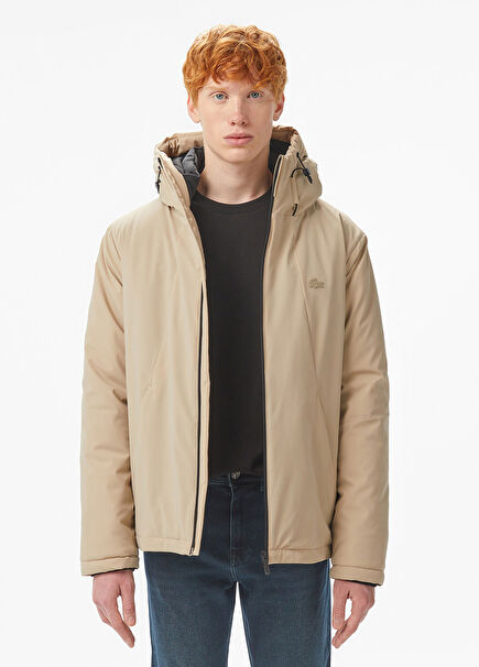 Bej Kapüşonlu Erkek Mont