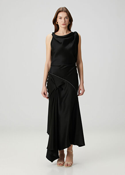Siyah Asimetrik Drapeli Maksi Abiye Elbise