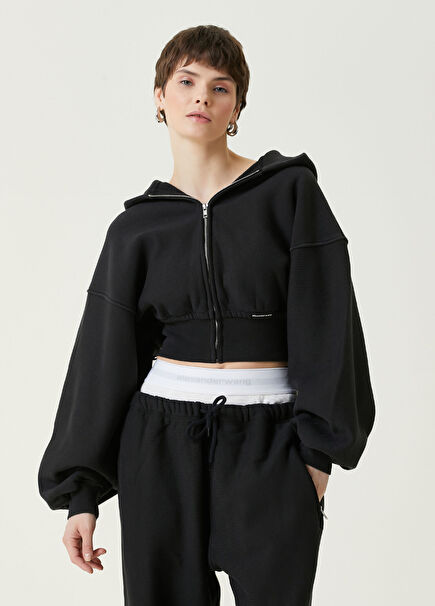 Siyah Kapüşonlu Fermuarlı Crop Sweatshirt