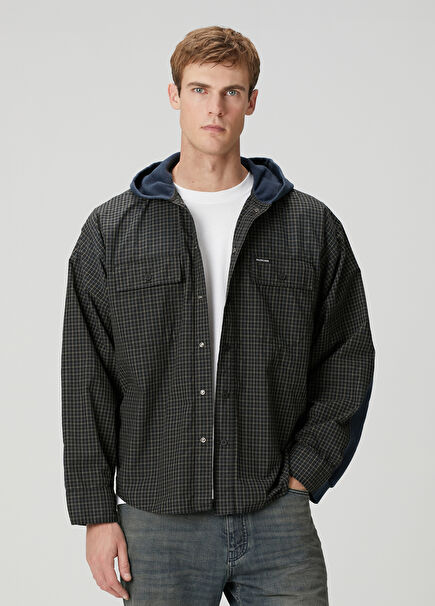 Black Hooded Plaid Outer Shirt