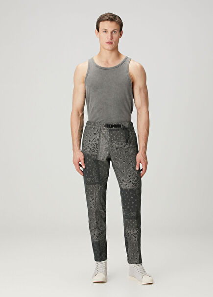 Siyah Beli Kemerli Etnik Desenli Keten Pantolon