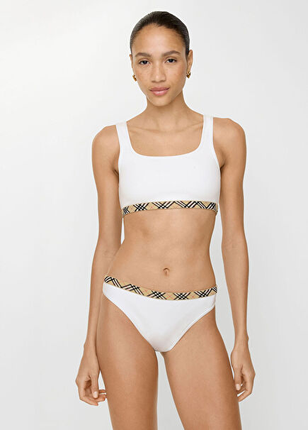 Check Trim White Thick Brim Women's Bikini Bottoms
