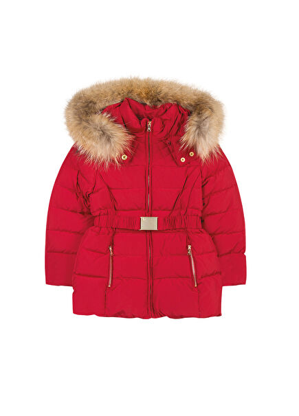 Kırmızı Kapüşonlu Kemerli Kız Çocuk Doudoune Mont