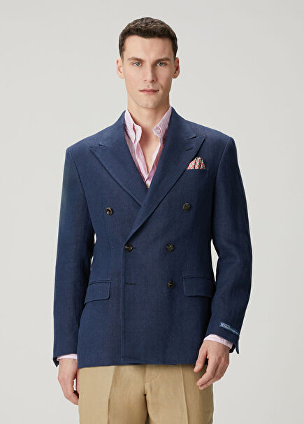 Navy Blue Double-Breasted Linen Jacket