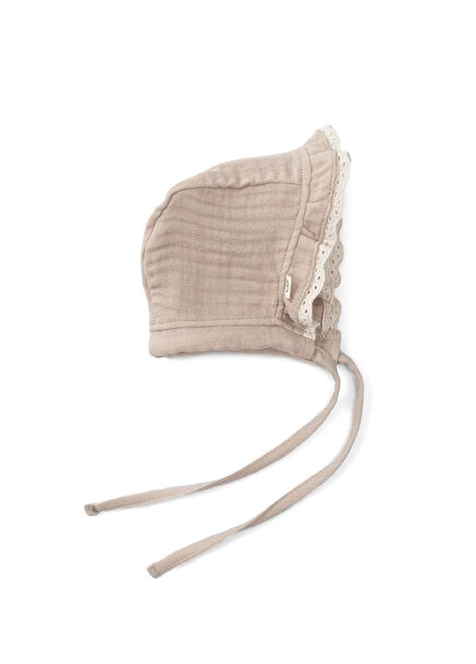 Beige Muslin Organic Cotton Brodled Four Layer Ruffled Unisex Baby British Hat