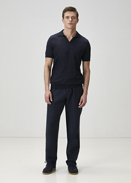 Navy Blue Waist Corded Linen Trousers