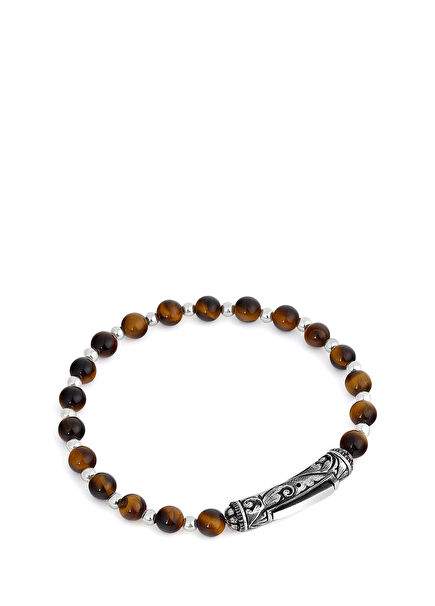 Brown Beaded Men's Silver Bracelet