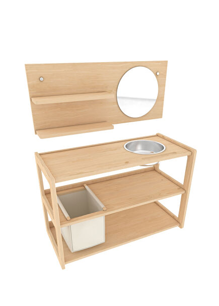 Montessori Self-Care Station Ergonomik Ahşap Lavabo & Raf Ünitesi Kişisel Bakım ve Hijyen Alışkanlığı Geliştiren Oyun Seti