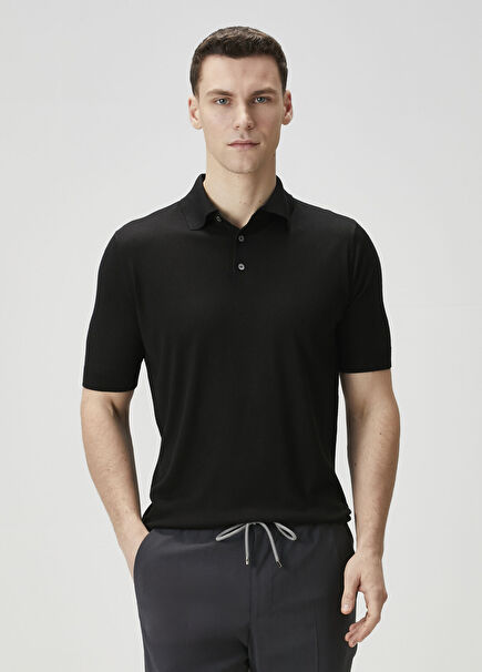 Siyah Polo Yaka Kısa Kollu İpek Triko