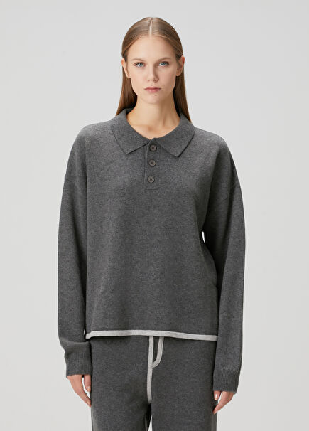 Koyu Gri Yün Polo Kazak