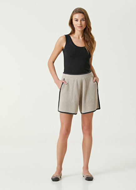 Beige Black Embroidered Shorts